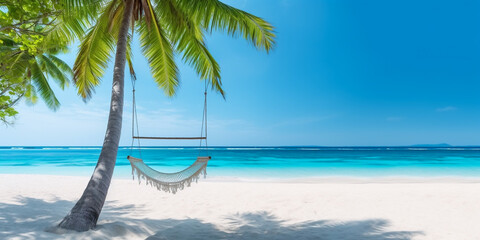 Tropical beach with hammock style swing chair - obrazy, fototapety, plakaty