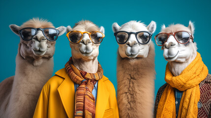 Creative animal concept. Gang family of camel in vibrant bright fashionable outfits, commercial, editorial advertisement, surreal surrealism. Group shot. Generative AI
