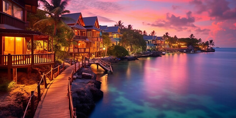 Exotic tropical paradise, beautiful waterfront village in the distance, glowing sunset at river, rainforest 