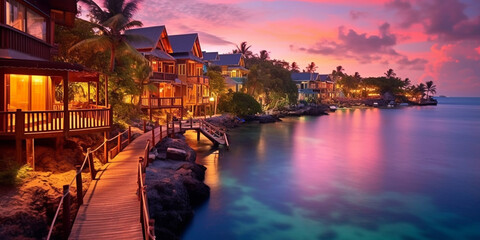 Fototapeta premium Exotic tropical paradise, beautiful waterfront village in the distance, glowing sunset at river, rainforest 