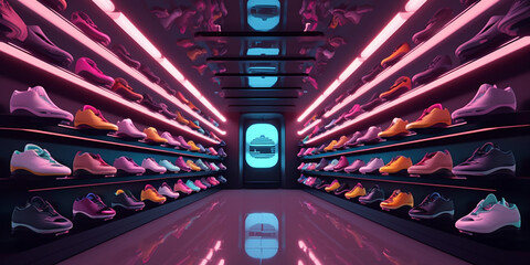 Futuristic sneaker shoe store with bright neon lights, design and architecture inspiration