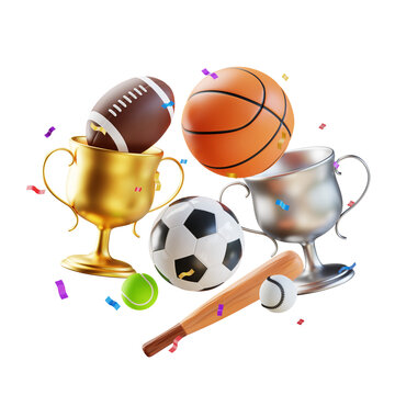 3d illustration, Important sports equipment for sporting events besides players such as balls, basketballs, baseball bats, trophies, etc.