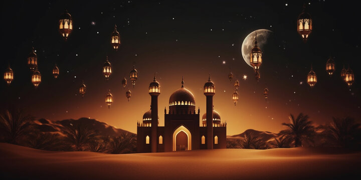 Ramadan kareem themed, lantern islamic mosque and crescent moon in the desert at night