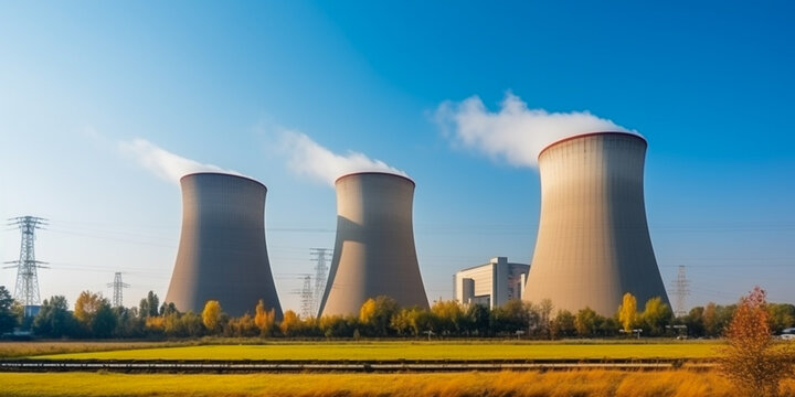 Cooling towers of nuclear power plant producing electrical energy with large pipes, concept of ecology and climate change, sustainability goals