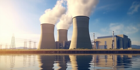 Obraz premium Cooling towers of nuclear power plant producing electrical energy with large pipes, concept of ecology and climate change, sustainability goals