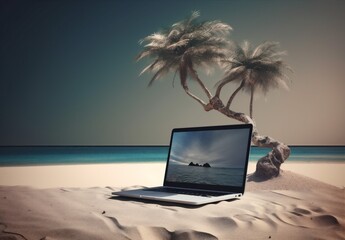 computer tropical laptop tree vacation beach travel palm summer concept. Generative AI.