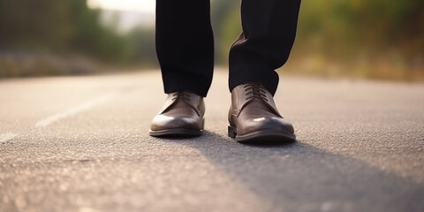 Fototapeta na wymiar Feet and shoes of business man wearing a suit on the road close up