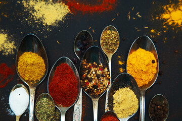 Spices and seasonings for cooking in spoons.