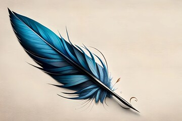 Concept of writing, creativity, individuality, and uniqueness. An illustration of a blue feather quill on beige background