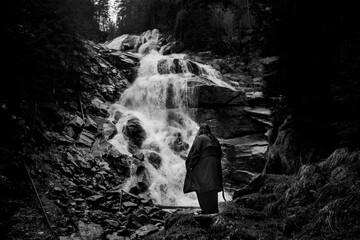 Black and White Woman and Waterfall