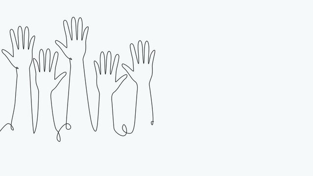 Animation of a continuous single line drawing of a group of hands raised up. The concept of voting, elections, business team work