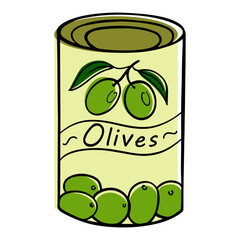 Canned olives in a jar in doodle style. Color illustration of food product olives in sketch style. Vector