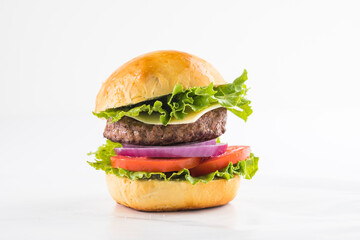 Delicious juicy grilled burger on wheat buns.  Studio macro shot.Food Feast Party.