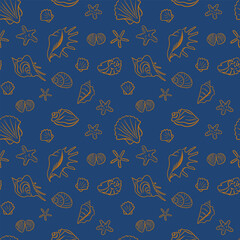 Vector isolated outline seamless pattern with seashells and sea star. Unique hand drawn shells in sketch style on blue background. Suitable for wallpaper, wrapping, background, decor, kids textile