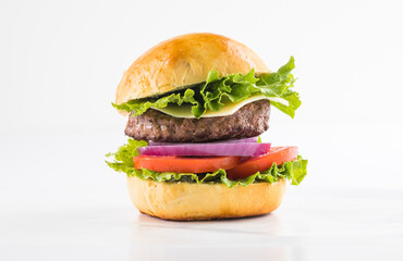 Delicious juicy grilled burger on wheat buns.  Studio macro shot.Food Feast Party.