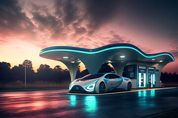 Supercar is plugged into a futuristic charging station at a modern electric filling station. LED lights and sleek design of the station emphasize the shift towards a sustainable future Generative AI
