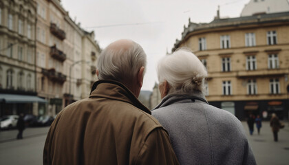 Obraz na płótnie Canvas Elderly senior couple hugging and walking or traveling in the city, back view, AI generated