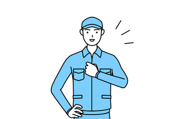 胸を叩く帽子と作業着姿の男性