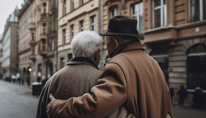 Fototapeta na wymiar Elderly senior couple hugging and walking or traveling in the city, back view, AI generated