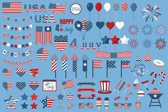 Big set for the Independence Day of the United States of America. 4th of July. Flags, balloons, hearts, stars, candy, fireworks, and other elements. Deep colors. Isolated vector on blue background.