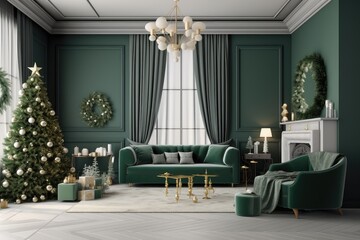 Obraz premium Living Room Christmas interior in Scandinavian style. AI generated