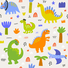 Dinosaur seamless pattern cute cartoon animal background. Hand drawn in kid style . The design used for print, wallpaper, fabric, textile Kids vector illustration