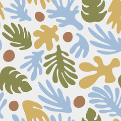 Naklejka premium Summer time illustration. Exotic jungle plants illustration in vector. Seamless tropical pattern with jungle leaves and palm fronds.