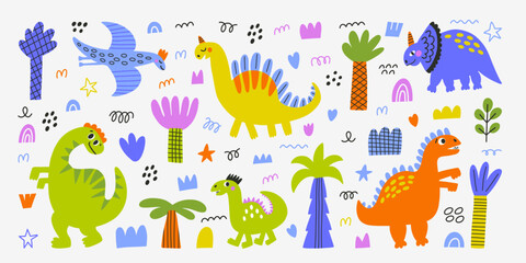 Vector set with cute Dinosaurs. Hand drawn in kid style . The design used for print, wallpaper, fabric, textile Kids vector illustration