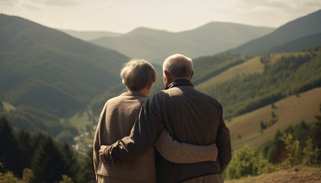 Elderly senior couple hugging while walking or traveling in the mountains, back view, AI generated