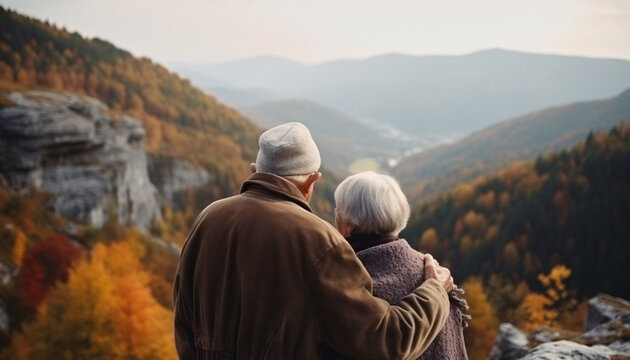 Elderly senior couple hugging while walking or traveling in the mountains, rear view, AI generated