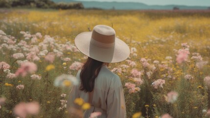 Back view of female in sunhat standing in meadow with booming aromatic flowers in summer. Generative AI.