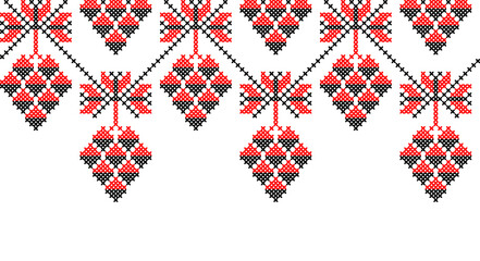 Grape branch vector background, border. Ukrainian traditional embroidery of grape border in red and black colors. Pixel art, vyshyvanka, cross stitch