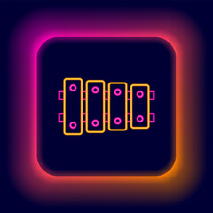 Glowing neon line Xylophone - musical instrument with thirteen wooden bars and two percussion mallets icon isolated on black background. Colorful outline concept. Vector