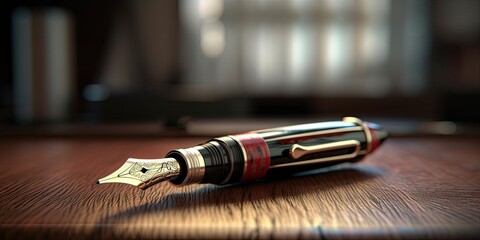 A luxurious business fountain pen gracefully resting on a polished wooden desk, exuding sophistication and elegance. Generative AI