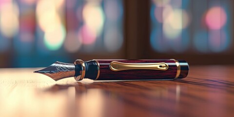 A luxurious business fountain pen gracefully resting on a polished wooden desk, exuding sophistication and elegance. Generative AI