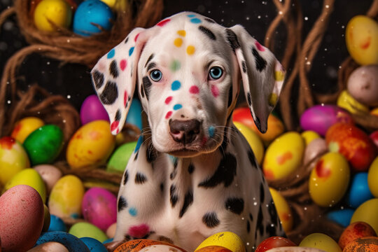 Dalmatian Puppy with Splashes of Paint and Colourful Easter Eggs