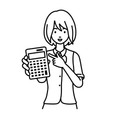 立って電卓を指差してこちらに向けて見せている事務員制服の女性