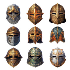 Detailed Concept Designs of Medieval Helmets on Realistic Transparent Background AI generated

