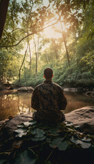 Man yoga meditation sitting by the water, mental health care concept. AI generated.