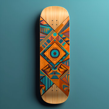 Wooden skateboard with abstract geometric pattern on turquoise background