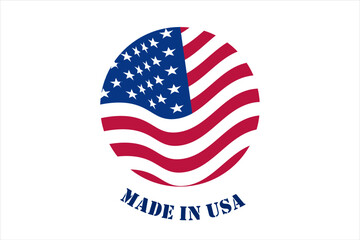 Vector Round Icon With Waving USA Flag. Made in USA logo. Vector American flag button - Made in USA. Vector Image for Brochure, Emblem, Logo, T-shirt, Banner Or Poster on the topic US