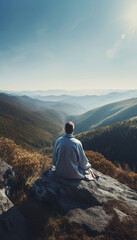 Fototapeta premium Man yoga meditation sitting on a rock in the mountains in nature, mental health care concept. AI generated