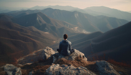 Mental health concept, a man meditating sitting on stones in the mountains, AI generated.