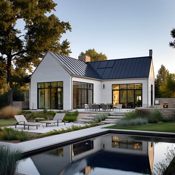 modern cozy clinker house on the ponds with garage and pool for sale or rent with beautiful landscaping on background. Clear summer evening with soft light from window.