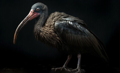 Obraz premium A large dark bird with a red beak, Northern bald ibis, Generated AI
