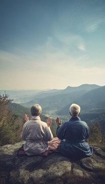 Elderly senior couple meditating in the mountains, back view, AI generated.
