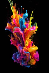 Multicolored neon paint in water on a black background. AI generated. Colorful  phone wallpaper.