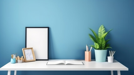 Creative Workspace Desk Table with Office Supplies, Blank picture frame or poster, Books, Plant on Blue Wall Background. Mockup Space, Home Office Desk Workspace. generative ai