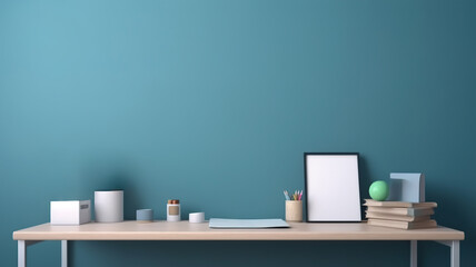 Creative Workspace Desk Table with Office Supplies, Blank picture frame or poster, Books on Blue Wall Background. Mockup Space, Home Office Desk Workspace. generative ai