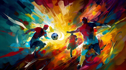 A captivating abstract representation of a soccer match, with vibrant colors and geometric shapes. Generative ai